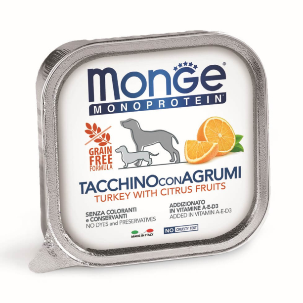 MONGE MONOPROTEIN DOG GRAIN FREE fruit - пастет за кучета, с Пуйка и Цитруси, терин 150г main product photo
