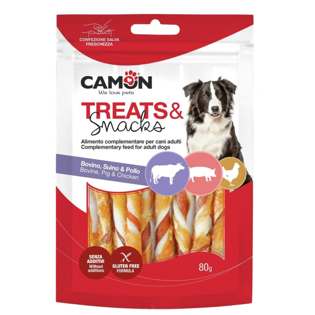 CAMON TREATS&SNACKS лакомство за куче - солета от говежда и свинска кожа, увита в пилешко, 80г main product photo