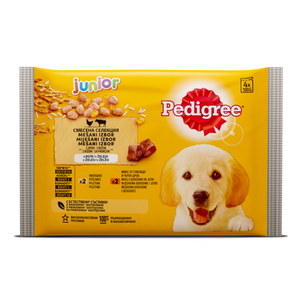 Pedigree Пауч Джуниър Пилешко, Говеждо, Ориз в желе, 4x100г main product photo