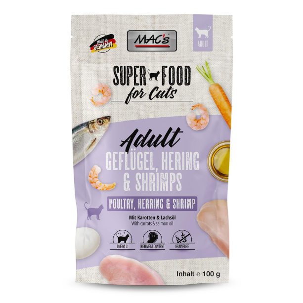 MAC'S CAT ADULT - за пораснали котки, Пиле, Херигна и Скариди, моркови, пауч 100г main product photo