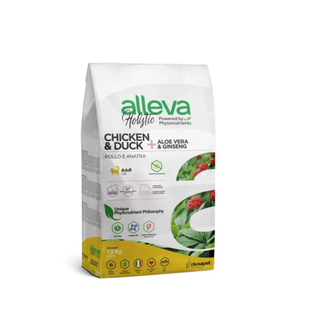 Храна за котки alleva holistic (adult cat) с пилешко и патешко и с Алое Вера и Женшен, 1.5 кг main product photo