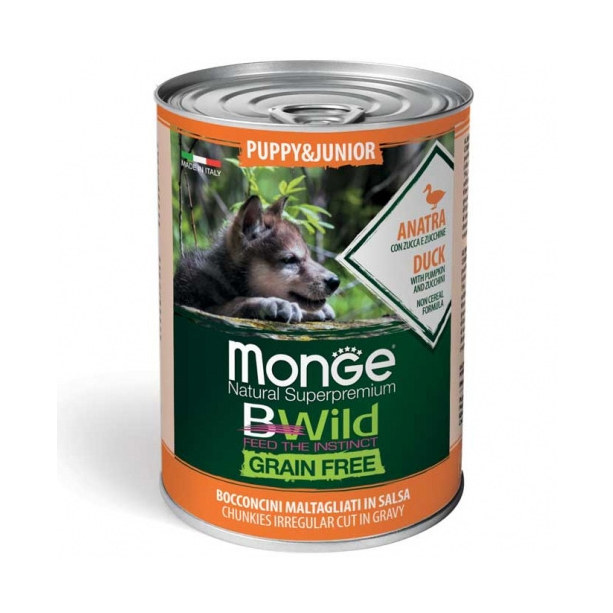 MONGE BWILD GRAIN FREE Puppy - за подрастващи кучета с патешко, тиква и зеленчуци, консерва 400г main product photo