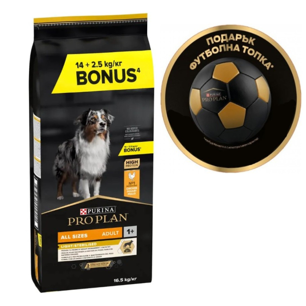Purina Pro Plan AllSize Adult Sterilised -кучета с наднормено тегло/кастрирани, Пиле,14+2.5кг гратис main product photo