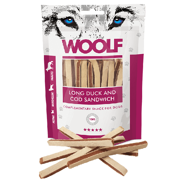 WOOLF лакомство за куче - сандвич ленти с патешко и треска, 100г main product photo