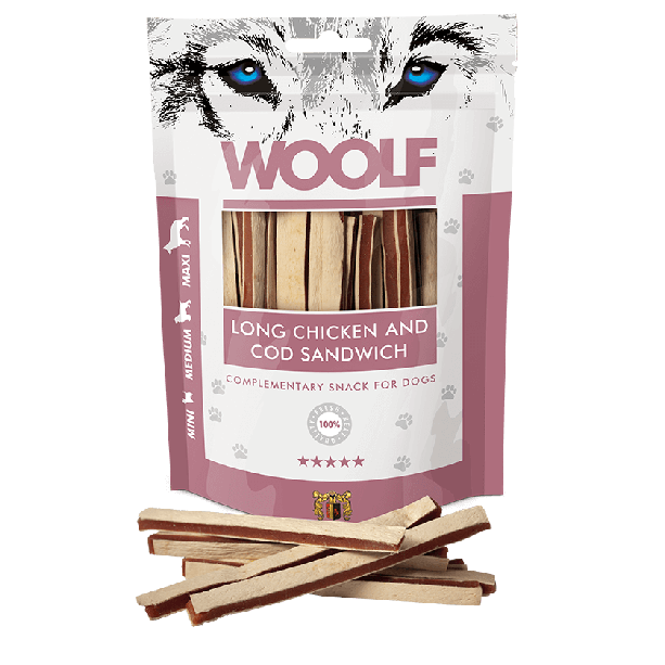 WOOLF лакомство за куче - сандвич ленти с пилешко и треска, 100г main product photo
