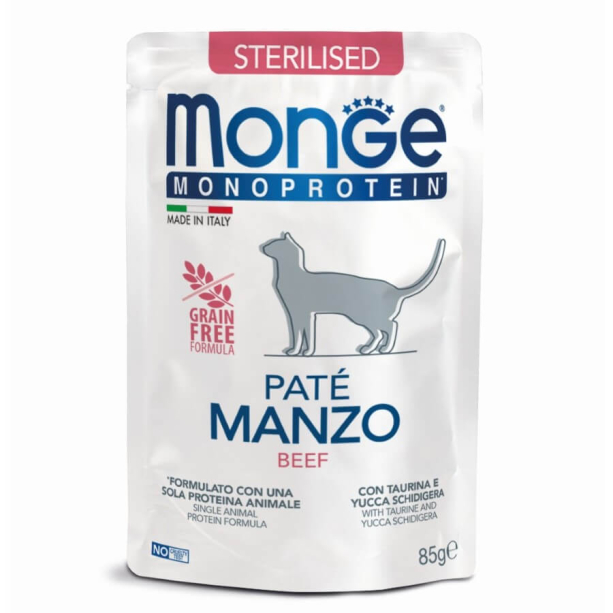 MONGE MONOPROTEIN CAT STERILISED GRAIN FREE- пастет за кастрирани котки над 1г., Телешко, пауч 85г main product photo