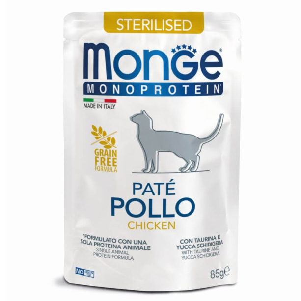 MONGE MONOPROTEIN CAT STERILISED GRAIN FREE- пастет за кастрирани котки над 1г., Пиле, пауч 85г main product photo