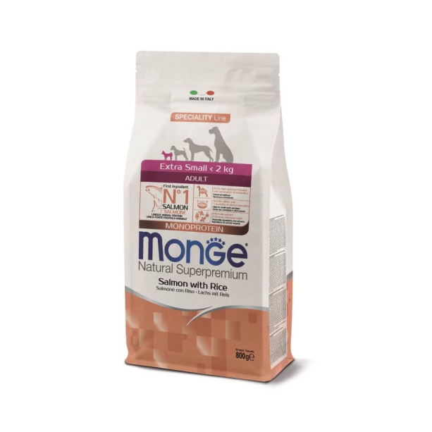 MONGE NS MONOPROTEIN DOG ADULT EXTRA SMALL - за зрели кучета до 2кг, Сьомга и ориз, 800г main product photo