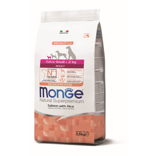 MONGE NS MONOPROTEIN DOG ADULT EXTRA SMALL - за зрели кучета до 2кг, Сьомга и ориз, 2.5кг main product photo