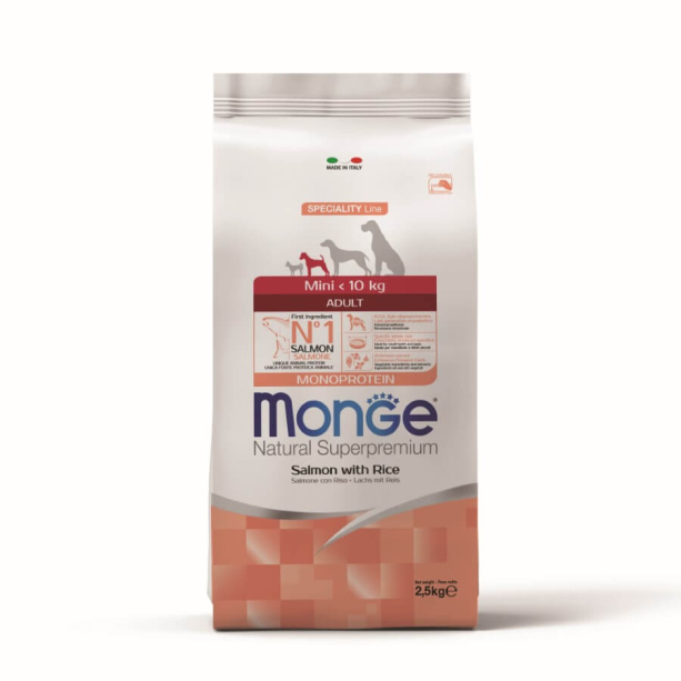 MONGE NS MONOPROTEIN DOG ADULT MINI - за зрели кучета до 10кг, Сьомга и ориз, 2.5кг main product photo
