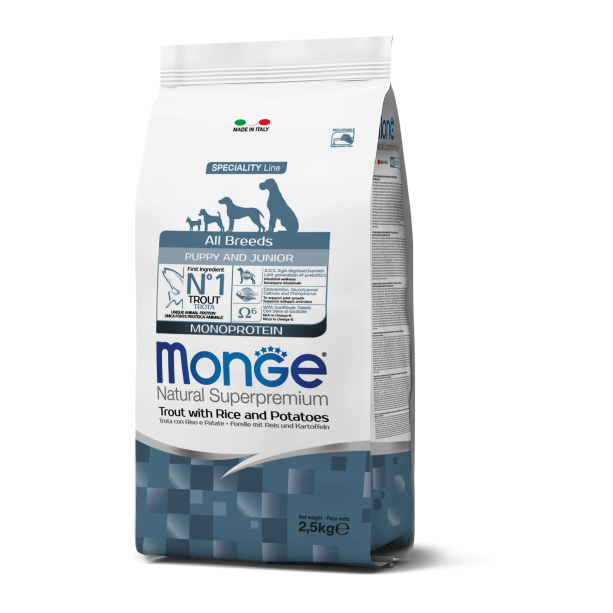 MONGE NS MONOPROTEIN PUPPY ALL BREEDS - за кученца до 1г., Пъстърва, ориз и картофи, 2.5кг main product photo