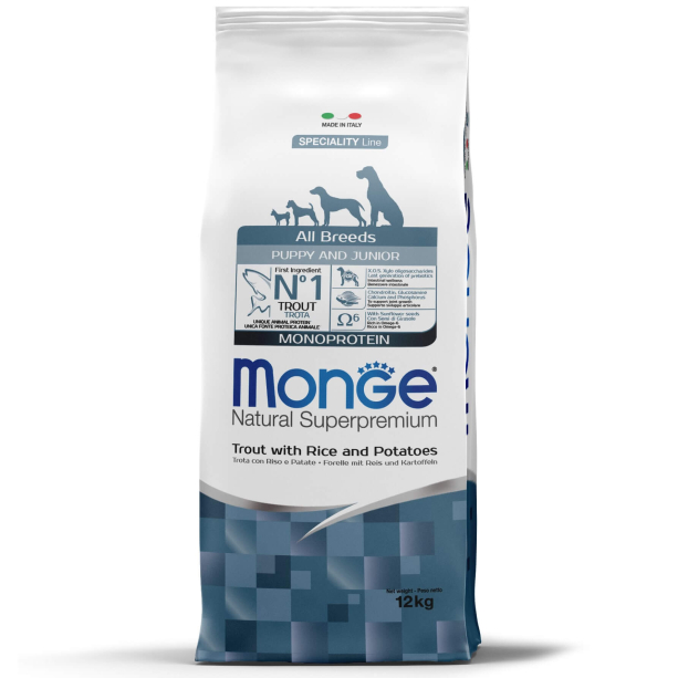 MONGE NS MONOPROTEIN PUPPY ALL BREEDS - за кученца до 1г., Пъстърва, ориз и картофи, 12кг main product photo