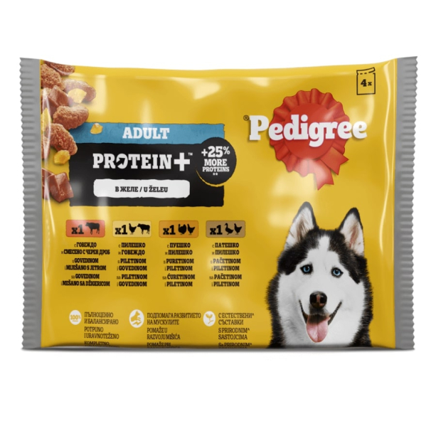 Pedigree Protein+ Пауч с повишено съдържание на протеин, 4 вкуса, в желе, 4x85г main product photo