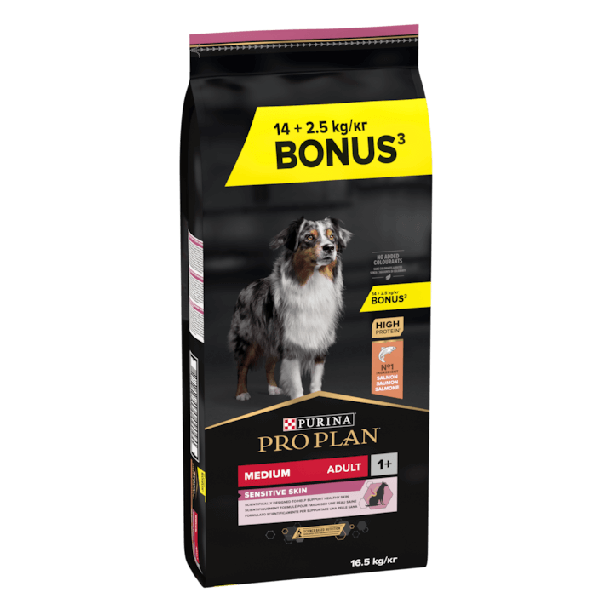 Purina Pro Plan Medium Adult Sensitive Skin - за кучета от средни породи, Сьомга, 14+2.5кг гратис main product photo