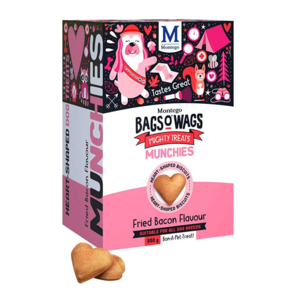 BAGS O’ WAGS MUNCHIES BACON - кучешки бисквитки сърчица с вкус Бекон, 350г main product photo