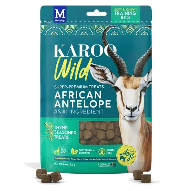 KAROO WILD ANTELOPE THYME BITS - лакомства за куче хапки с месо от Антилопа и Мащерка, 113г main product photo