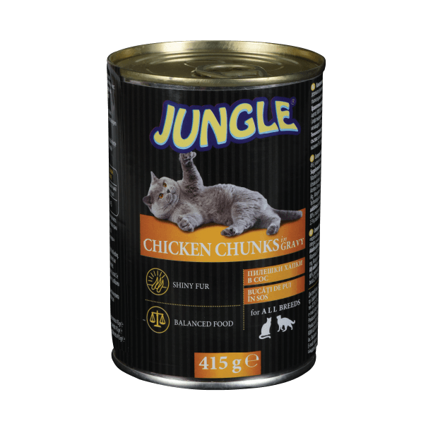 JUNGLE CAT CHICKEN CHUNKS IN GRAVY - за израснали котки хапки в сос с Пиле, консерва 415 г main product photo