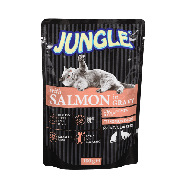 JUNGLE CAT SALMON IN GRAVY - за израстнали котки със Сьомга в сос, пауч 100 г main product photo