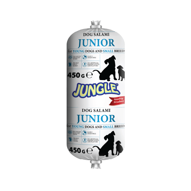JUNGLE JUNIOR SALAMI WITH CHICKEN - салам за подрастващи кученца и малки породи кучета с Пиле, 450 г main product photo