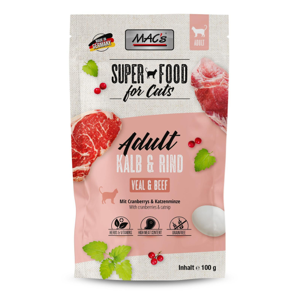 MAC'S CAT ADULT - за пораснали котки, Телешко и Говеждо, червени боровинки, пауч 100г main product photo