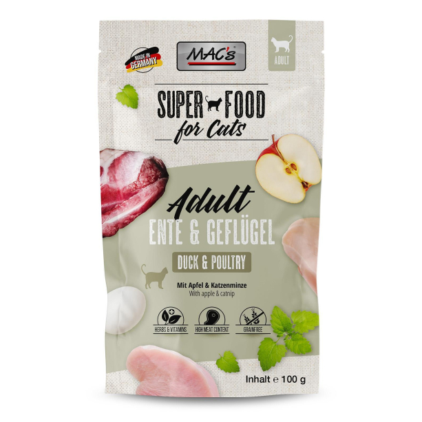 MAC'S CAT ADULT - за пораснали котки, Патица и Пиле, ябълки, пауч 100г main product photo