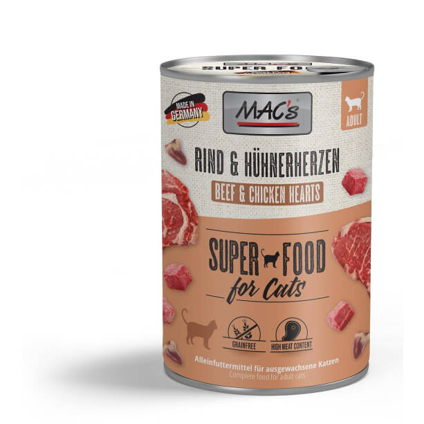 MAC'S CAT ADULT - за пораснали котки, Говеждо и Пилешки сърца, консерва 400г main product photo