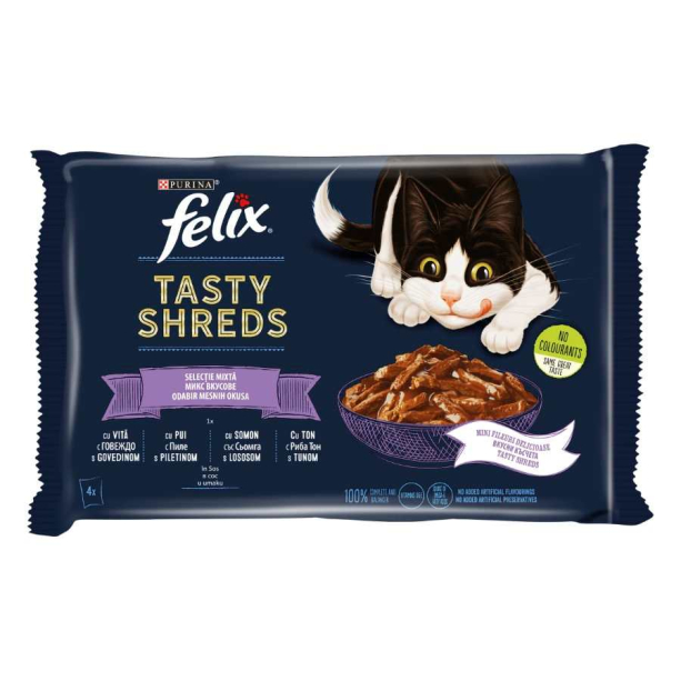 Purina Felix Tasty Shreds за котки в зряла възраст с Говеждо, Пиле, Сьомга и Риба тон, 4x80g main product photo