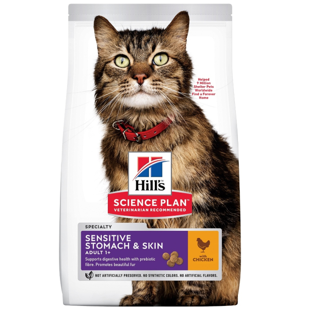 Hill's SP Feline Adult Sensitive Stomach&Skin Chicken-за котки чувствителен стомах и кожа, Пиле 300г main product photo