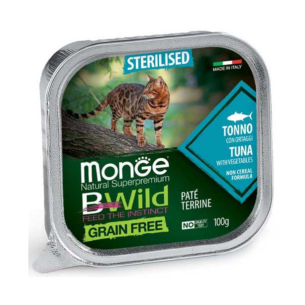 MONGE BWILD GRAIN FREE Sterilised Tuna – пастет за кастрирани котки, риба тон, зеленчуци, терин 100г main product photo