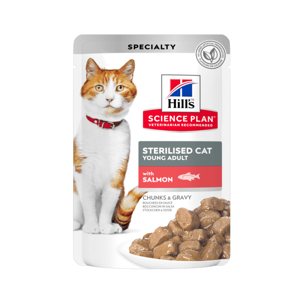 Hill's SP Feline Young Adult Sterilised Salmon - за кастрирани котки от 6м до 6г. Сьомга пауч 12х85г main product photo