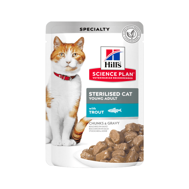 Hill's SP Feline Young Adult Sterilised Trout - кастрирани котки от 6м. до 6г. Пастърва пауч 12х85г main product photo