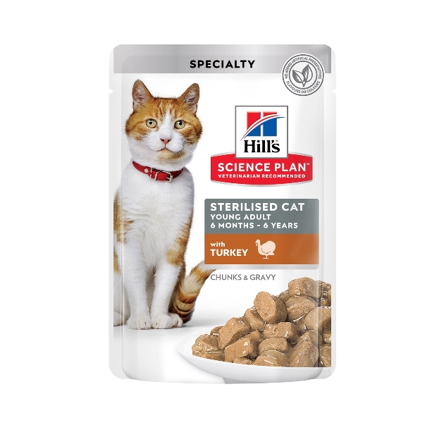 Hill's SP Feline Young Adult Sterilised Turkey - кастрирани котки от 6м. до 6г., Пуйка пауч 12х85г main product photo