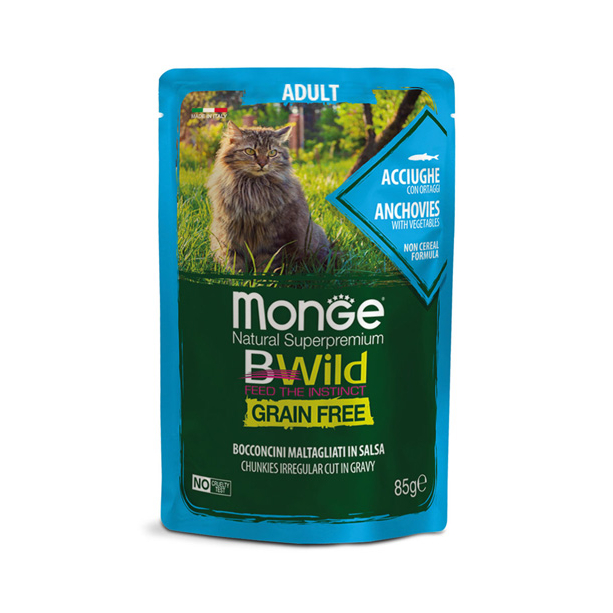 MONGE BWILD GRAIN FREE Adult Anchovy – хапки за котки над 1г., аншоа, зеленчуци, пауч 85гр. main product photo