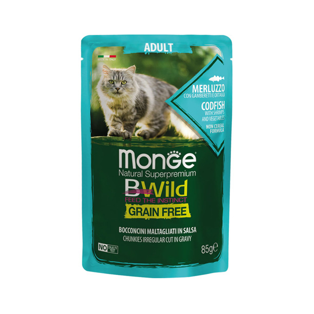 MONGE BWILD GRAIN FREE Adult Codfish Shrimps– хапки за котки над 1г, риба треска, скариди, пауч 85гр main product photo