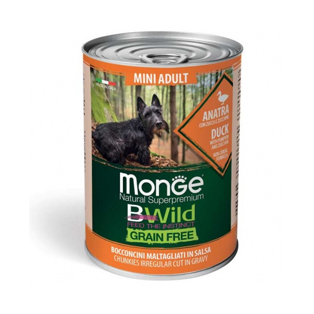 MONGE BWILD GRAIN FREE Mini Adult -за кучета над 1г. до 10кг, Патешко Тиква Зеленчуци, консерва 400г main product photo