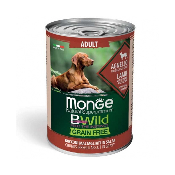 MONGE BWILD GRAIN FREE Adult – хапки за кучета над 1г., Агнешко, Тиква и Зеленчуци, консерва 400г main product photo