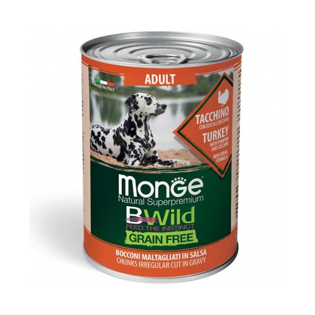 MONGE BWILD GRAIN FREE Adult – хапки за кучета над 1г., Пуешко, Тиква и Зеленчуци, консерва 400г main product photo